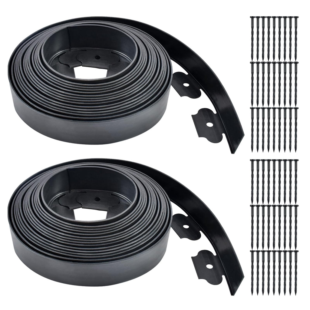 Garden Edging 60ft x 2 Inch Black Landscape Edging, 54 Spikes for Lawn 2 Inch Tall