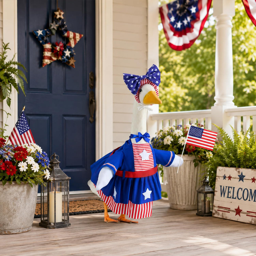 Btiztlla 4 of July Porch Goose Outfit for 23 Inch, Patriotic Red White Blue Decorative Goose Clothes, Independence Day Porch Yard Garden Decor