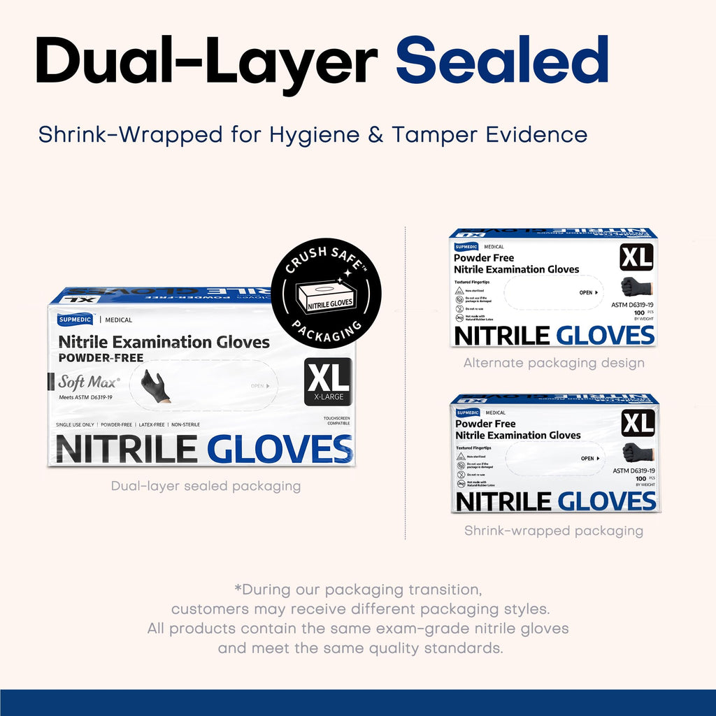 Supmedic Soft Max Disposable Nitrile Exam Gloves Powder-Free Black 1000(XL)