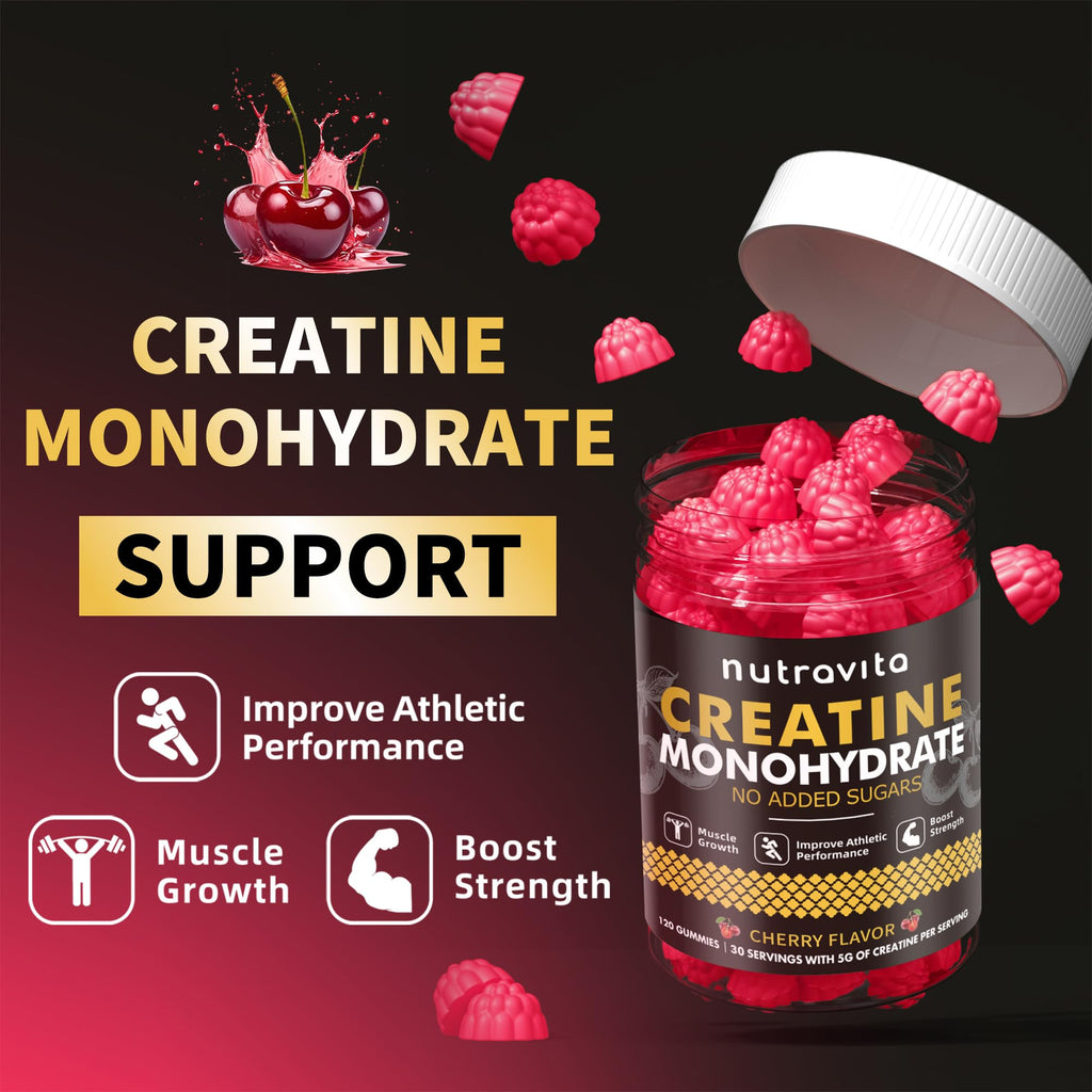 Nutravita NSF Certified Creatine Gummy - Creatine Monohydrate Gummies for Men & Women-5g of Creatine Monohydrate per Serving - Sugar Free,Vegan, Cherry Flavor, 120 Count