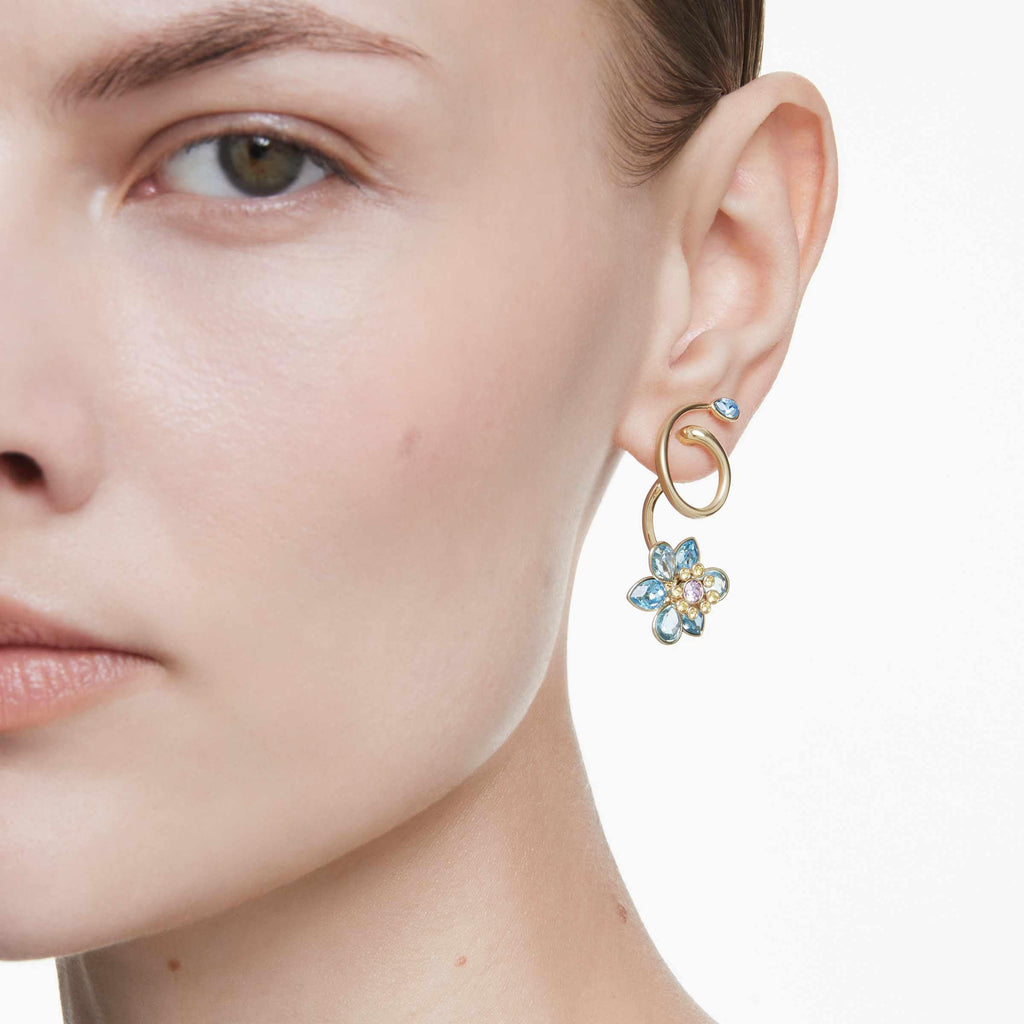 Swarovski Idyllia drop earrings, Asymmetrical design, Mixed cuts, Flower, Multicolored, Gold-tone finish
