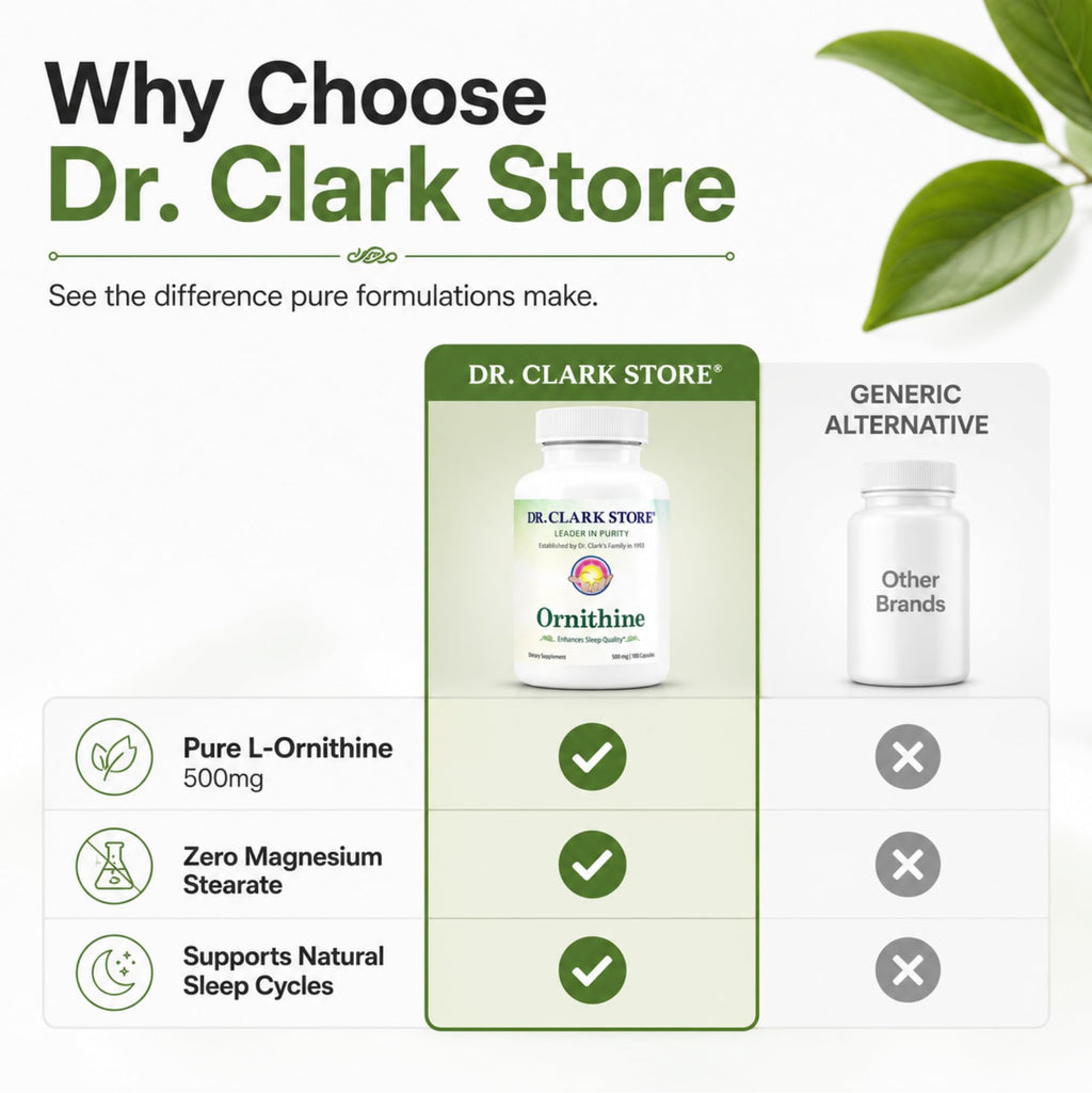 Dr Clark Ornithine Dietary Supplement 500mg, 100 Gelatin Capsules, Pure Amino Acid Support for Natural Sleep Aid, Promotes Protein Metabolism, Cleansing and Detoxification, Non-GMO & Gluten Free