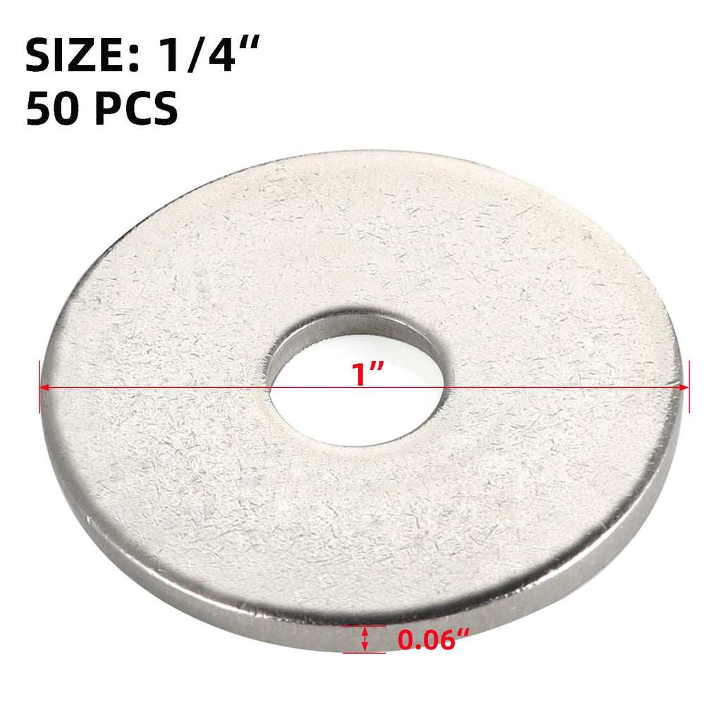 50 PCS 1/4" Stainless Flat Washers, 1" Outer Diameter, 18-8 (304) Stainless Steel Metal Washers for Screws and Bolts