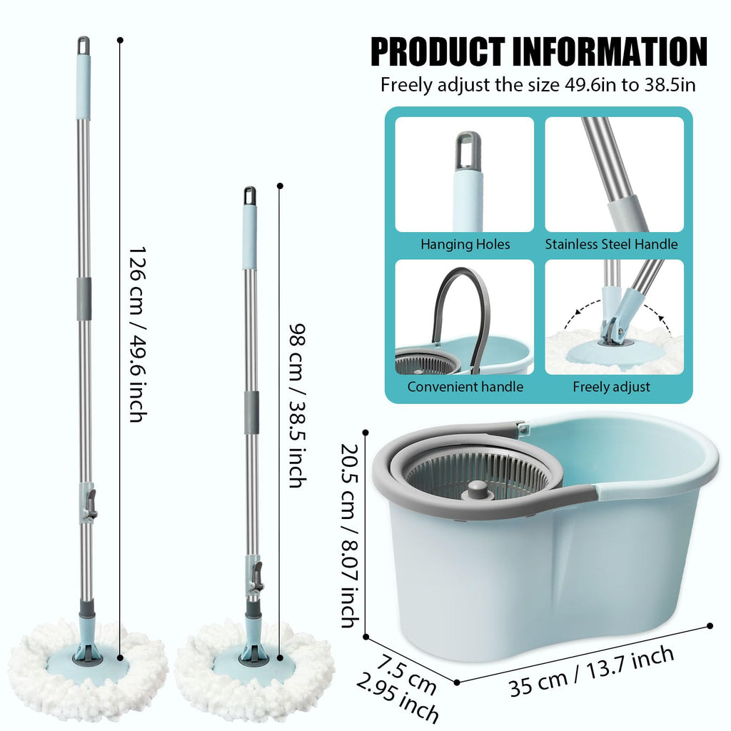 Spin Mop and Bucket with Wringer Set, 360° Spinning Mop Bucket System with 3 Microfiber Mop Replacement Heads, Adjustable Handle for Floor Cleaning (Light Blue)