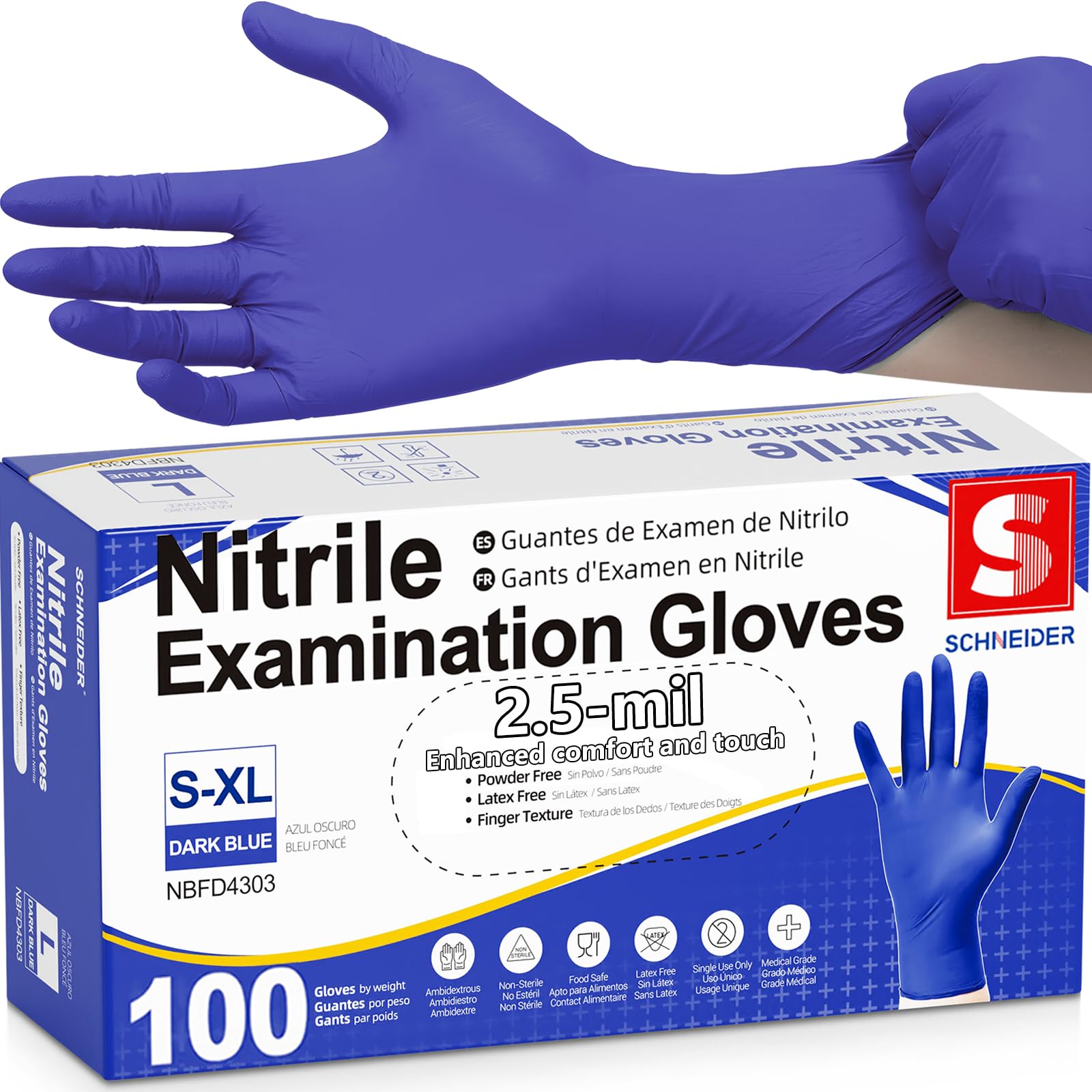 Schneider Medical Nitrile Exam Gloves, Powder & Latex Free, Darkblue 100 Ct
