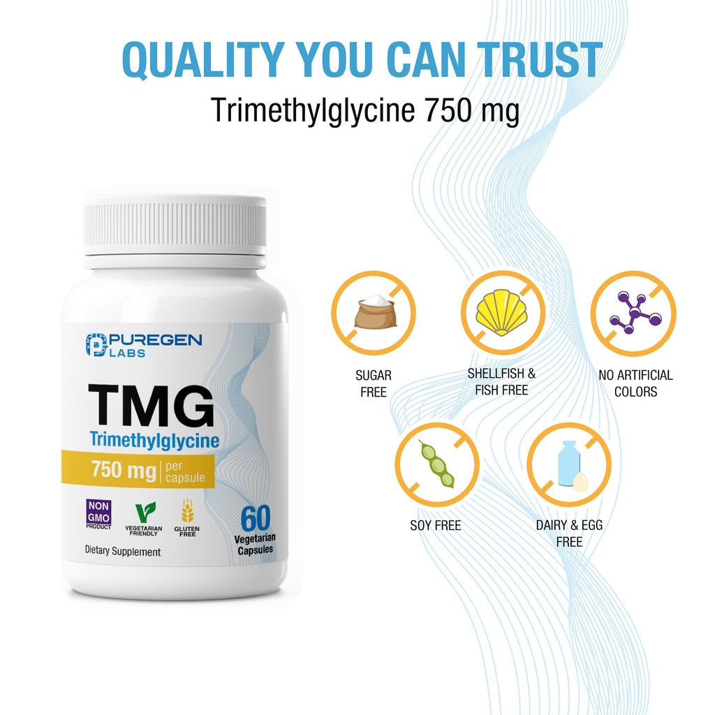 Puregen Labs TMG 750 mg – Trimethylglycine Supplement – Non-GMO, NO Gluten and Dairy - 3 Pack | Total 180 Vegetarian Capsules