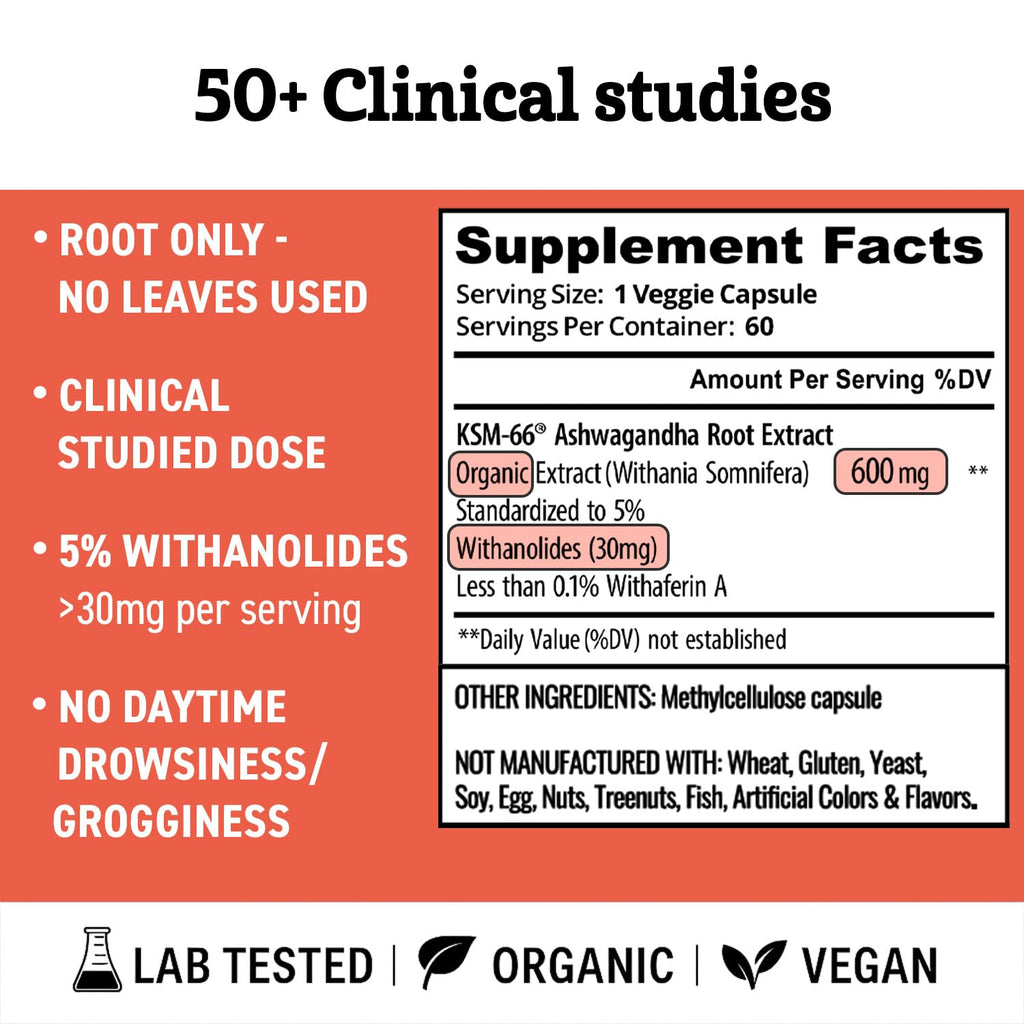 Ashwagandha KSM 66 Organic – KSM-66 ashwagandha 600mg Root Extract Full Spectrum Capsules | Standardized 5% Withanolides | Natural Stress Relief, Cortisol & Sleep Aid Supplement | Muscle Growth & Mood