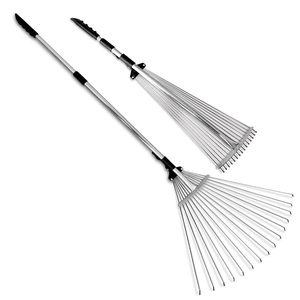 J16A Adjustable Metal Leaf Rake with Expandable Head 8-23", Collapsible & Telescopic Grass Rake for Lawns, Garden & Yard, Ideal for Leaves, Shrubs & Small Areas