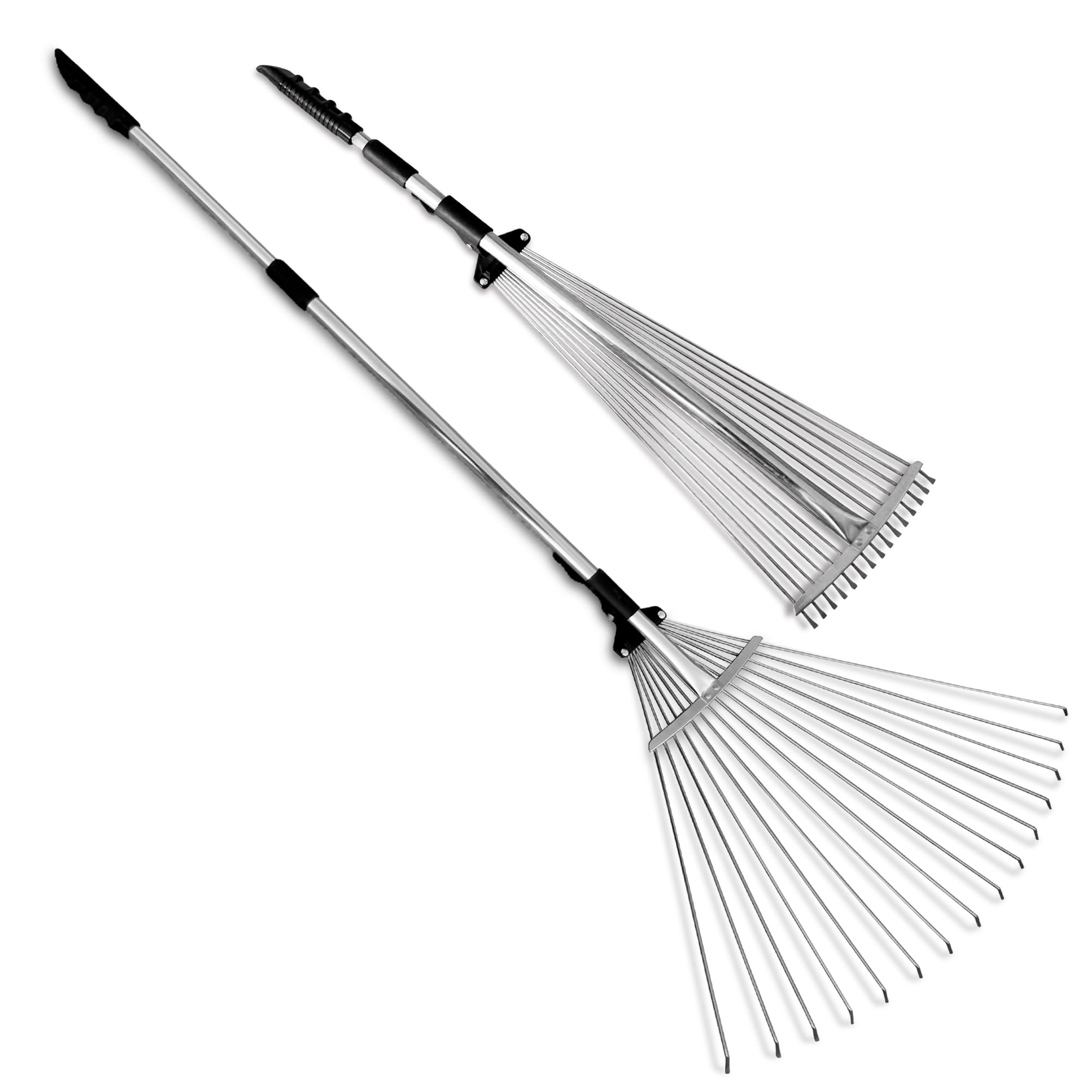 J16A Adjustable Metal Leaf Rake with Expandable Head 8-23", Collapsible & Telescopic Grass Rake for Lawns, Garden & Yard, Ideal for Leaves, Shrubs & Small Areas