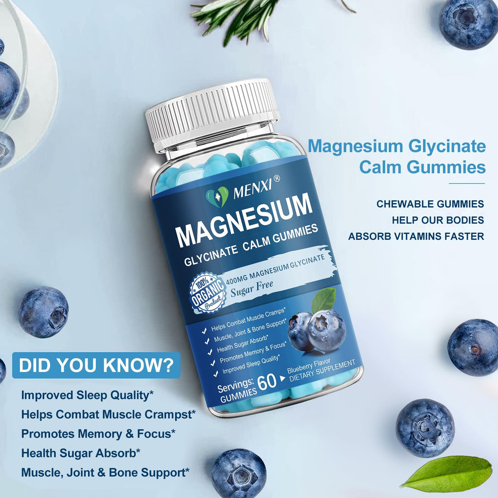 Magnesium Gummies 600mg per Serving-Magnesium Glycinate 400mg and Magnesium Malate 200mg,Sugar Free Magnesium Potassium Supplement for Calm Mood, Muscle, Bone & Sleep Support,60 Blueberry Gummies