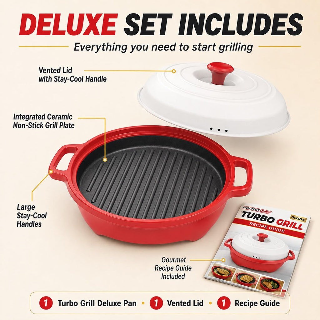 Rocket Chef Turbo Grill Deluxe Microwave Grill Pan, Vented Lid, Red