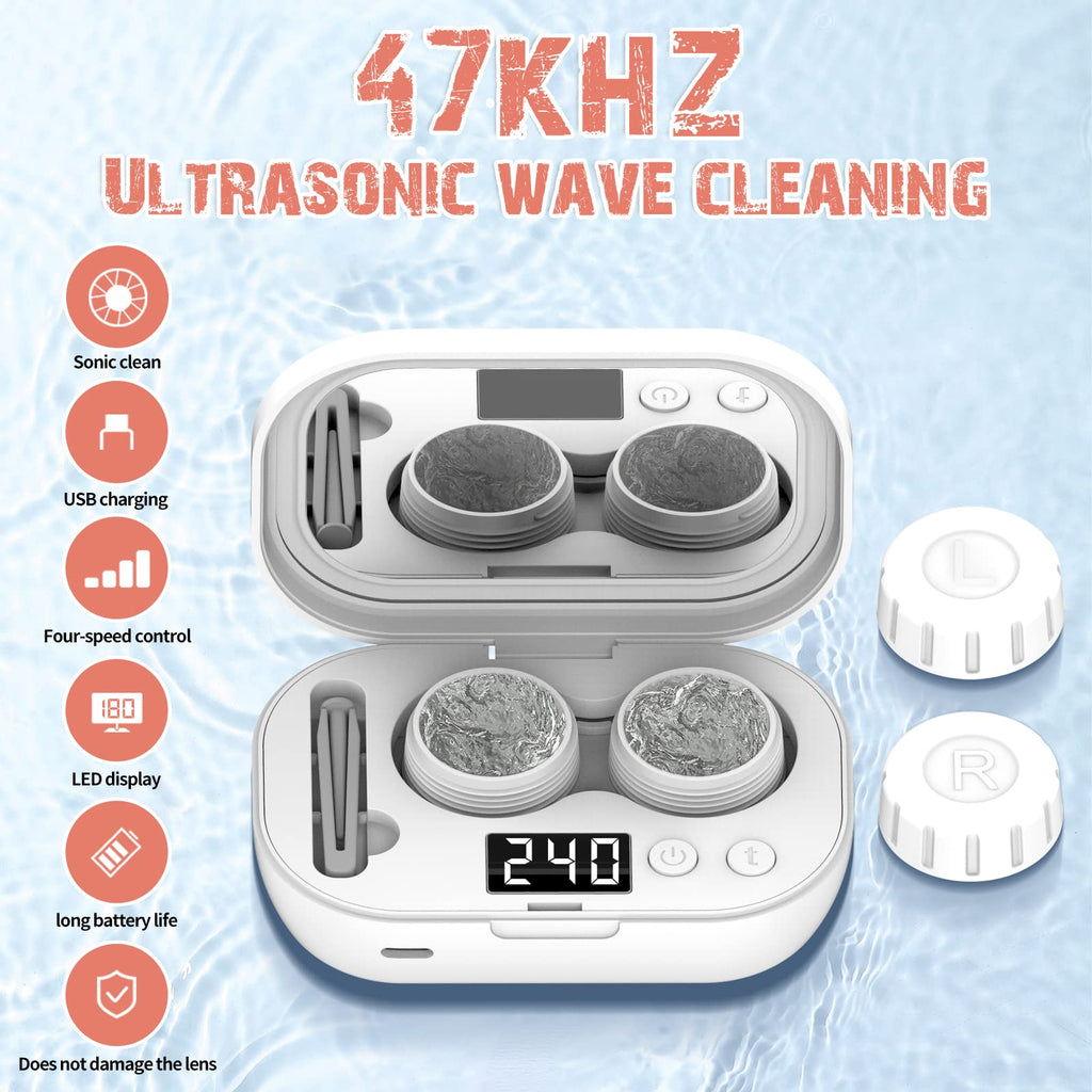 MUGLE Portable Ultrasonic Contact Lens Cleaner with USB Charger - Fit Disposable Soft, Colored & RGP Lenses - Travel & Home (White)
