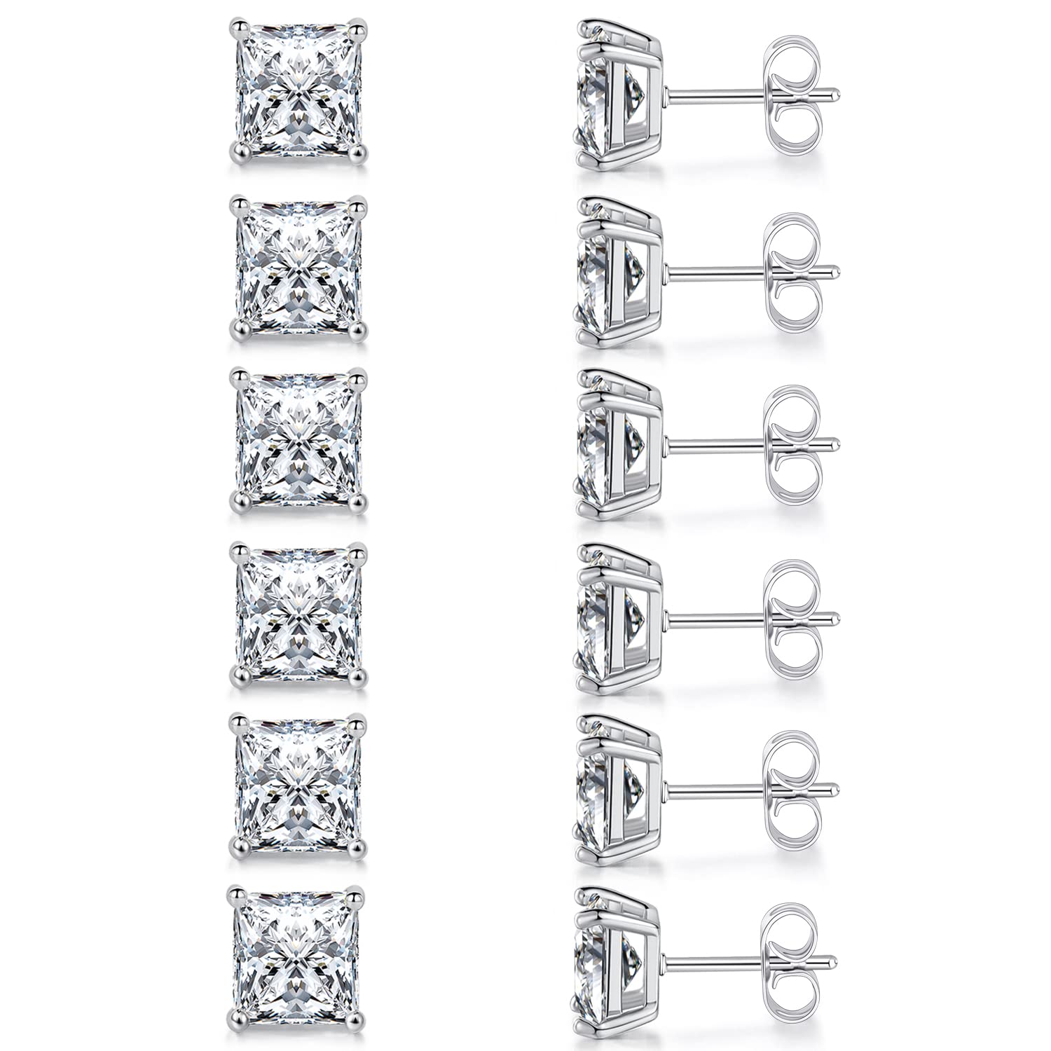 MDFUN 18K White Gold Plated 7.0 mm Princess Cut Clear CZ Stud Earrings Set