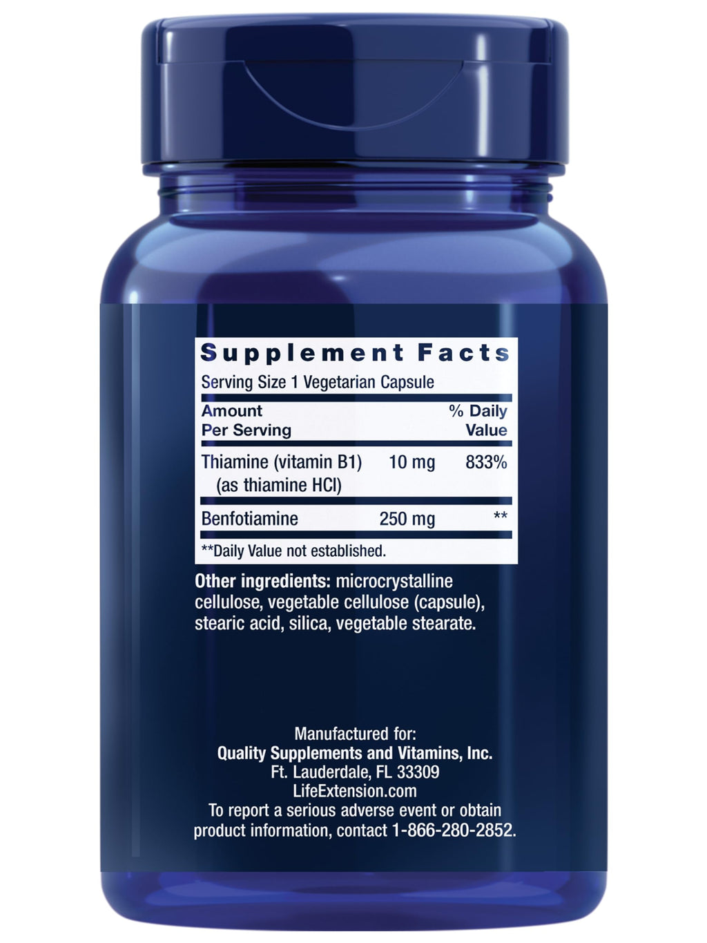 Life Extension Mega Benfotiamine, 250 mg, a fat-soluble form of thiamine, healthy metabolism, ultra-bioavailable vitamin B1, high potency, gluten-free, non-GMO, vegetarian, 120 capsules