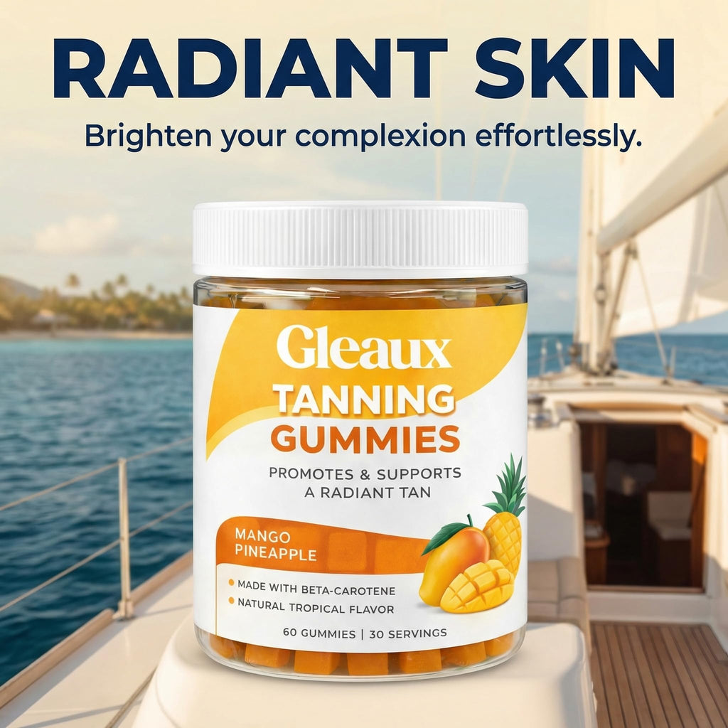 DXWXH Gleaux Tanning Gummies, Tanning Gummies for Women, Sunless Radiance Support with Beta Carotene, Astaxanthin & Lycopene, for Skin Health & Complexion Support, Mango Pineapple Flavor, 60 Gummies