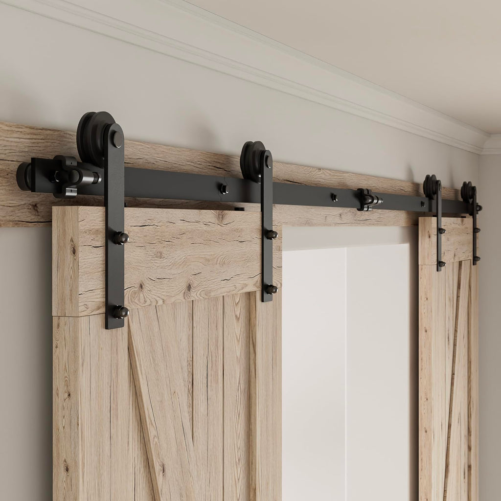 CCJH 9FT Sliding Barn Door Hardware Kit, Heavy Duty, Smoothly and Silently, Easy to Install, Fit 27" Width Double Door Panel, I Shaped Hangers Black