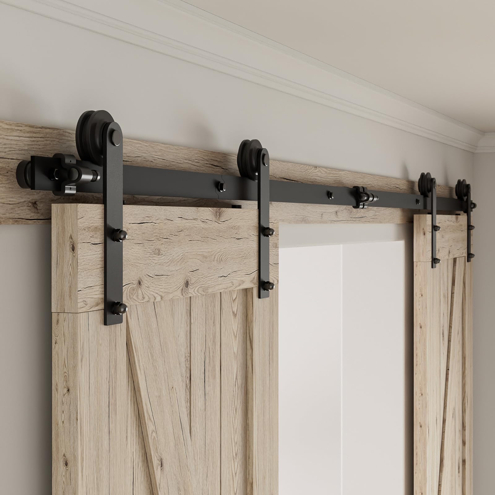 CCJH 9FT Sliding Barn Door Hardware Kit, Heavy Duty, Smoothly and Silently, Easy to Install, Fit 27" Width Double Door Panel, I Shaped Hangers Black