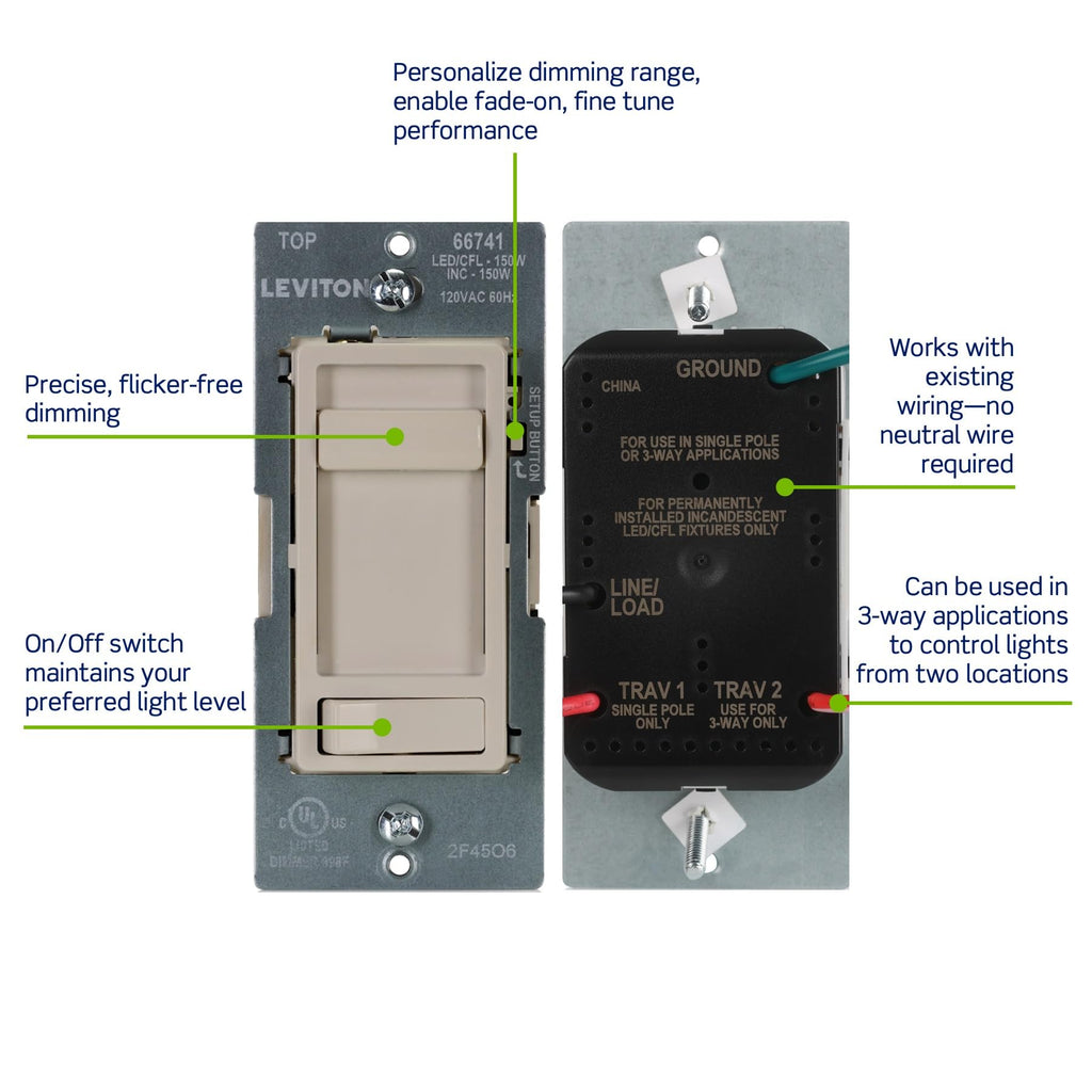Leviton SureSlide LED Advanced Dimmer Switch for 150W Dimmable LED, Halogen and Incandescent Bulbs and Fixtures, 66741-T, Light Almond