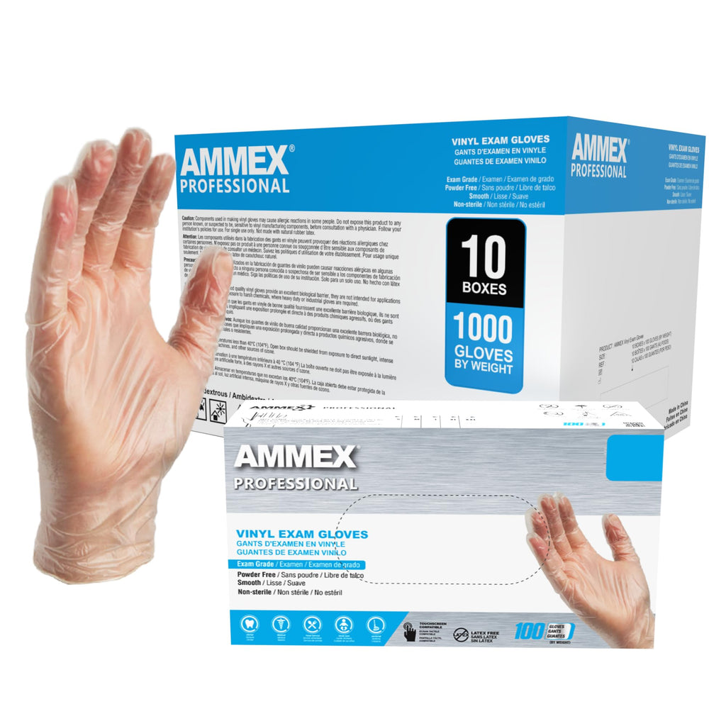 AMMEX Vinyl Gloves Disposable Latex Free 4 mil Clear Medium Case of 1000