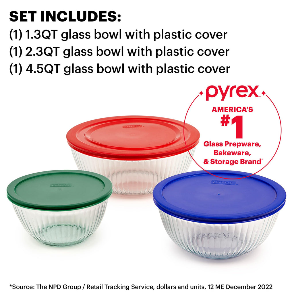 Pyrex Sculpted (3-Pack) Glass Mixing Bowls Set With Plastic Lids For Prepping, Baking and Cooking, Preheated Oven, Dishwasher, Freezer, and Microwave Safe