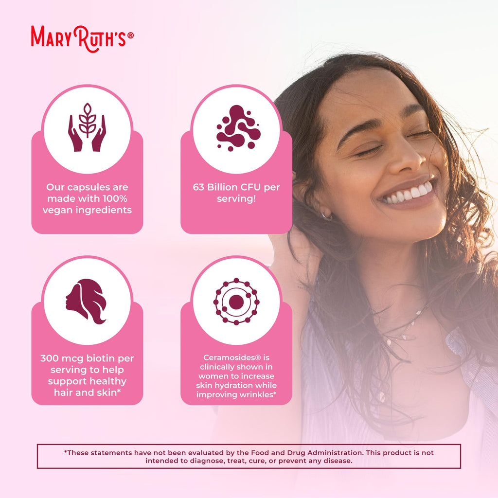 MaryRuth Organics Probiotic Beauty Capsules | Vegan Collagen Support | Anti Aging | Gut Health | Hair Skin and Nails Vitamins | Skin Care | Biotin | Non-GMO Project Verified | 60 Count