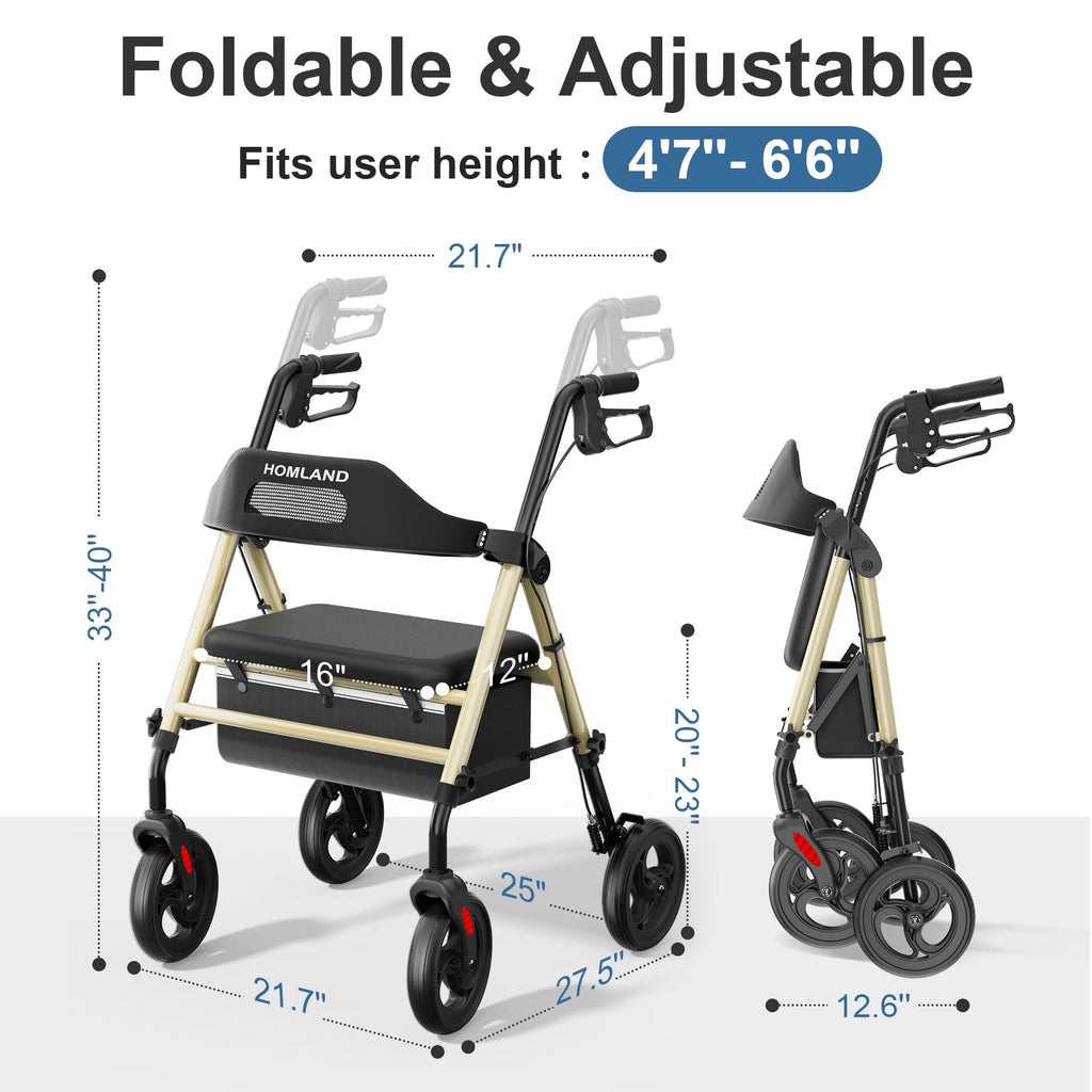HOMLAND Foldable Rollator Walkers with Seat for Seniors, 8'' Big Wheels, 350 lb. Weight Capacity, Adjustable Handles and Seat Height, Lightweight Rolling Walker, Champagne Gold