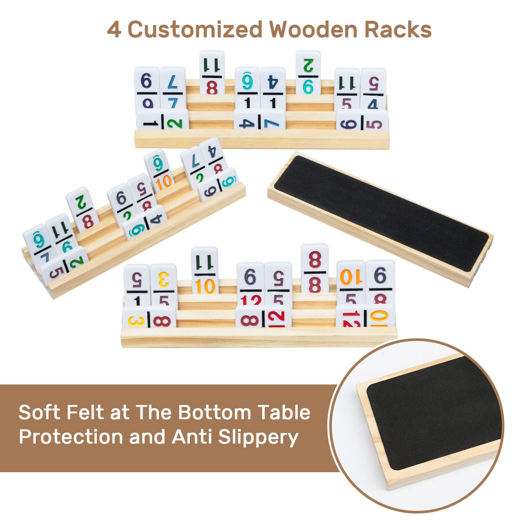 Mexican Dominos Set with Numbers and 4 Wooden Trays/Stands, Double 12 Dominoes, Travel Set with 4 Tile Holders, 91 Double Plates, 12 Colourful Dominoes with Portable Case, for