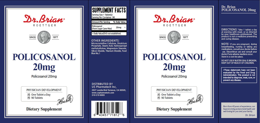 Dr. Brian Policosanol 20mg | Supports Heart & Cholesterol Health - Vegan, Gluten Free, Dairy Free, 90 Policosanol Vegetable Tablets