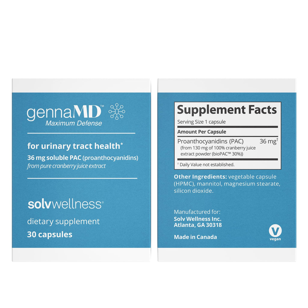 Solv Wellness GennaMD - Maximum UTI Defense - 36 mg Soluble PAC from 100% Cranberry Juice Extract - Highest PAC Concentration in a Small, Easy-to-Swallow Capsule - 30 Capsules