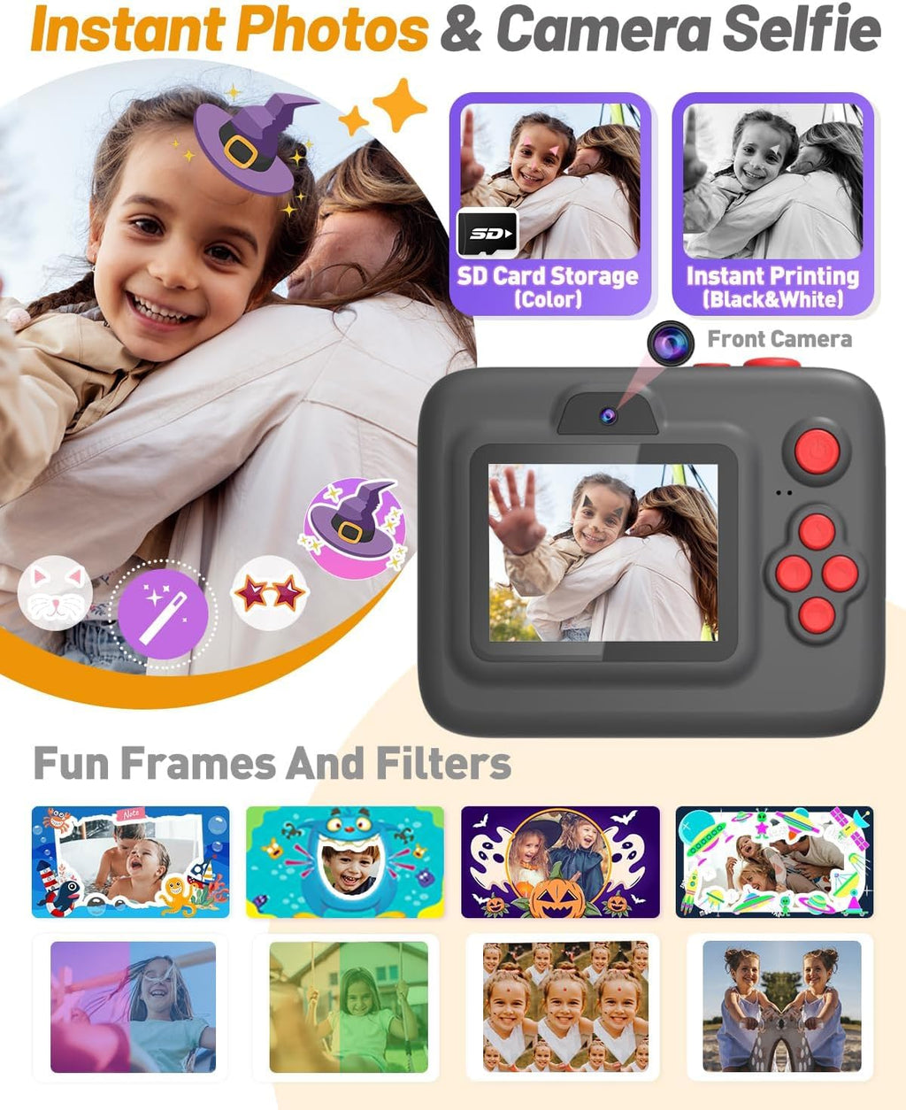 Yehtta Kids Camera Instant Print, Dual-Lens Selfie Camera for Kids, Black