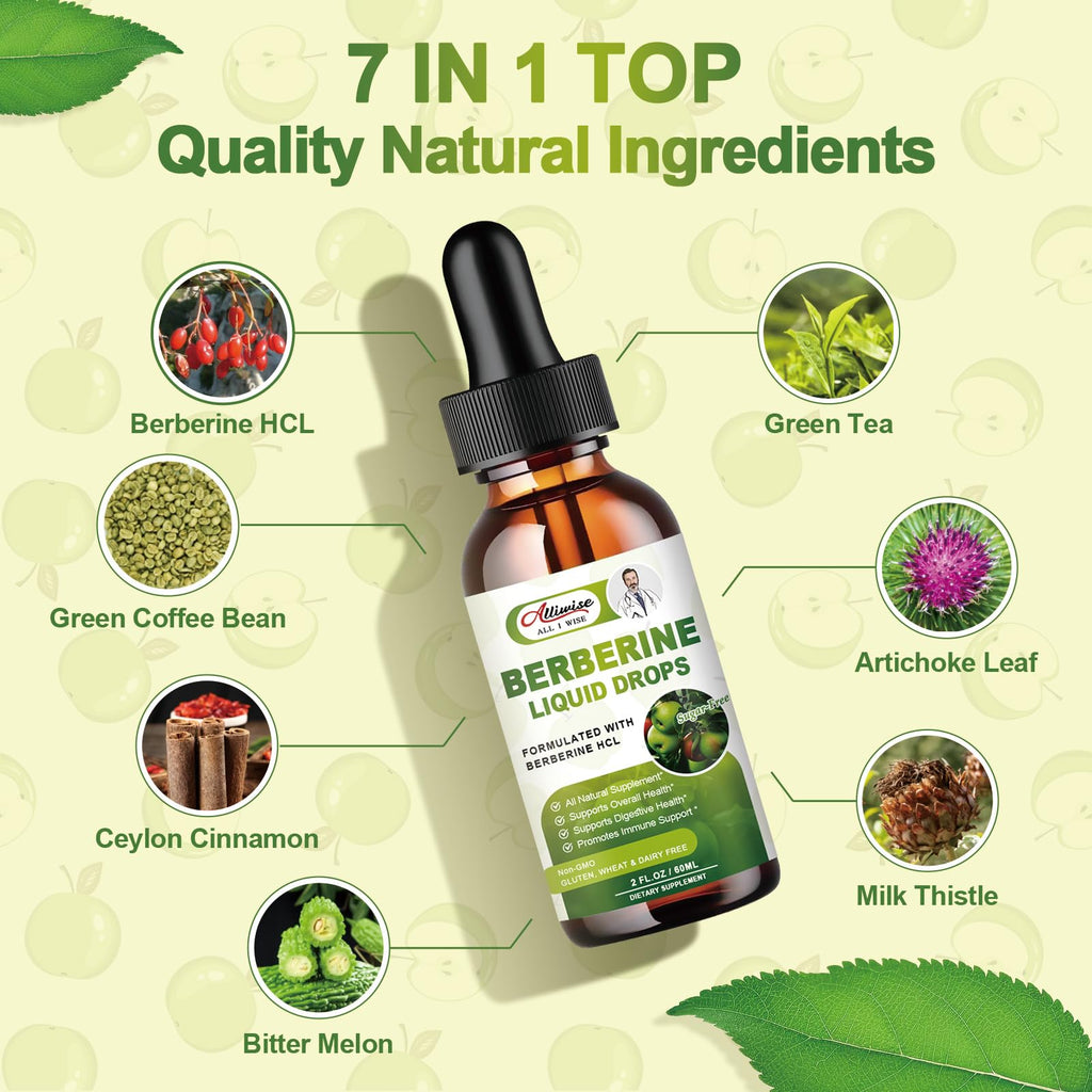 Alliwise 2 Pack Berberine Supplement Liquid Drops for Immune System & Digestive System Supports -Premium Berberine HCL 1500mg with Pure Ceylon Cinnamon -4 Fl Oz