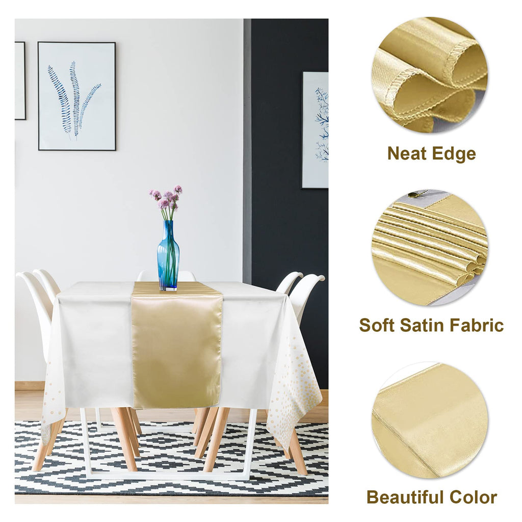 8Pack Disposable Plastic Tablecloths and Satin Table Runner Set White and Gold Dot Tablecloth Gold Satin Table Runner for Wedding Birthday Baby Shower Anniversary Christmas New Year Party Decorations
