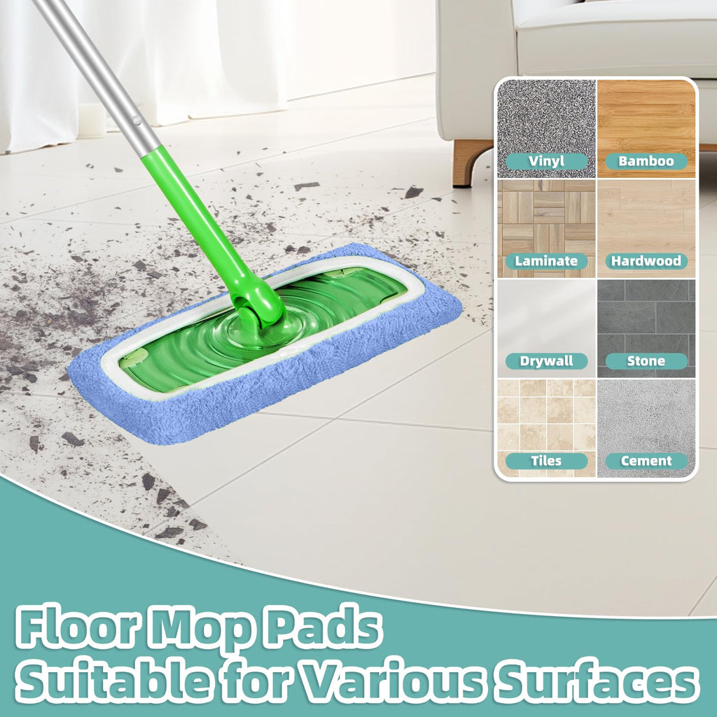 Reusable Mop Pads Compatible with Swiffer Sweeper Mop, Microfiber Dry Sweeping Cloths & Machine Washable Wet Pads Refill for Use on All Sealed Floors - Stone, Hardwood, Laminate & Tile (10 Blue)