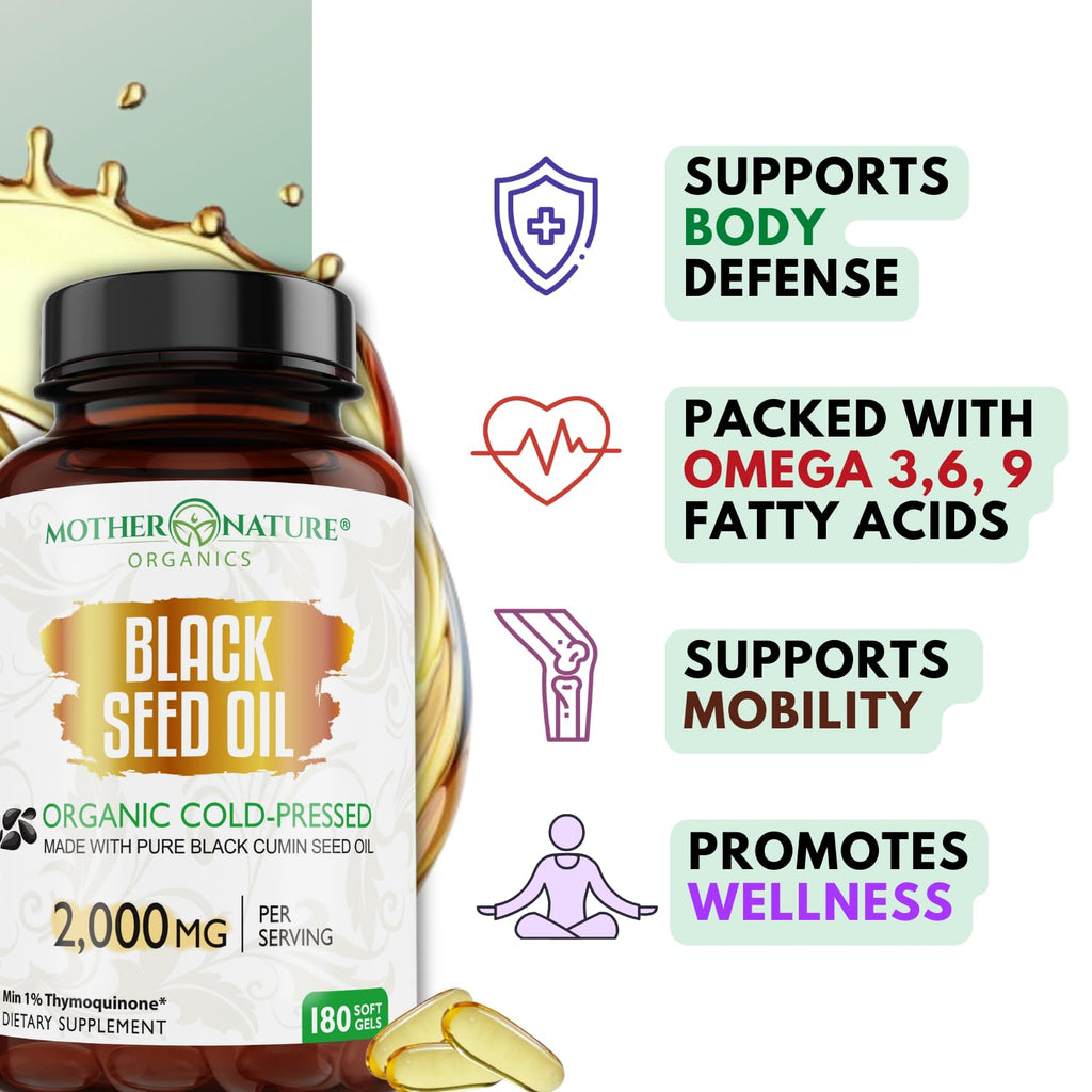 Black Seed Oil Capsules – Organic Cold Pressed Black Cumin Oil, High TQ Nigella Sativa, 1000mg per Capsule, 3 Month Supply - 180 Softgels