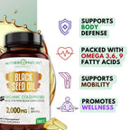 Black Seed Oil Capsules – Organic Cold Pressed Black Cumin Oil, High TQ Nigella Sativa, 1000mg per Capsule, 3 Month Supply - 180 Softgels