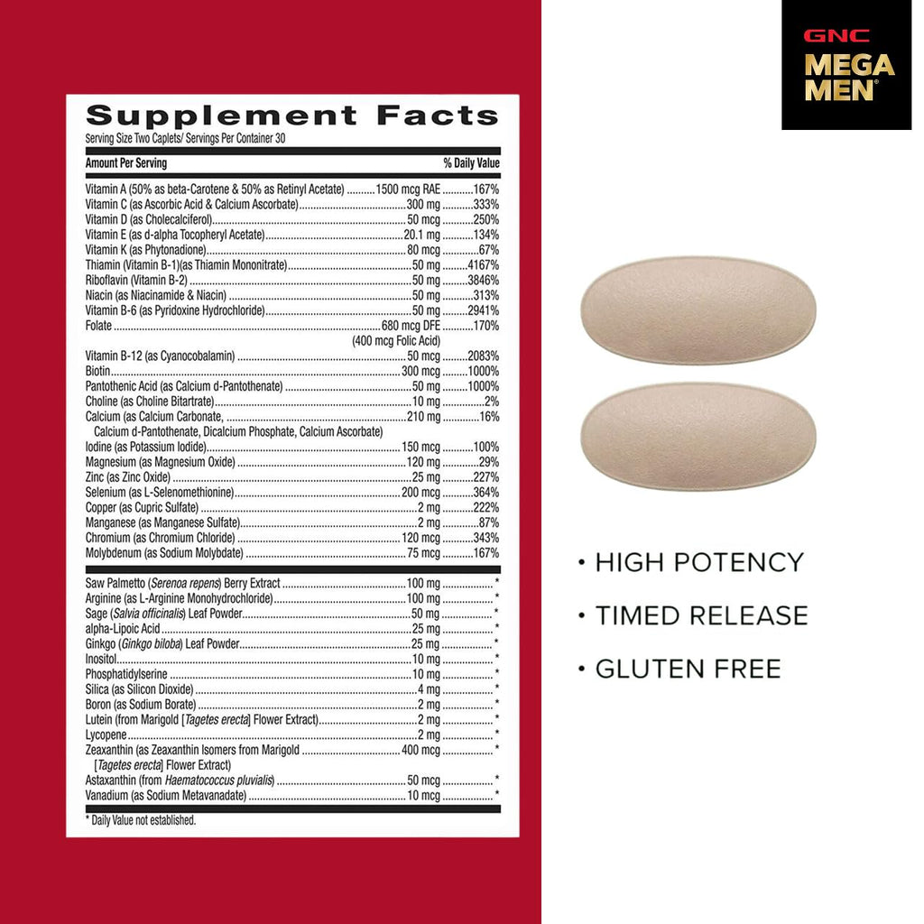 GNC Mega Men 50 Plus Multivitamin Caplets for Men, Clinically Proven, Heart & Prostate Health, B Vitamins, Saw Palmetto, Memory, Vitamin D-3, 60 Count