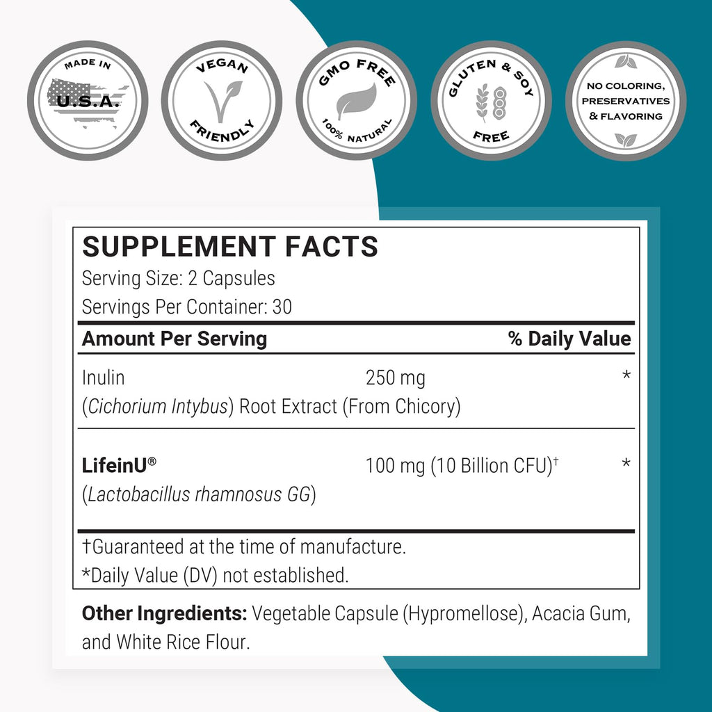 Supersmart Lactobacillus Rhamnosus GG 10 Billion CFU per Day (LGG Probiotic with Inulin) - L. Rhamnosus Supplement | Non-GMO & Gluten Free - 60 DR Capsules