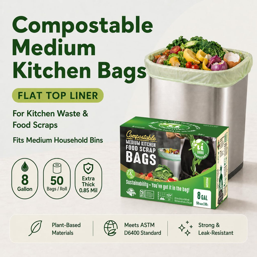 UNNI Compostable Trash Bags, 8 Gallon / 30 Liter, 50 Count, Extra Thick 0.85 mil Medium Kitchen Food Scrap Bin Liners, Certified by BPI, CMA & OK compost HOME, Meets the ASTM D6400 Standard