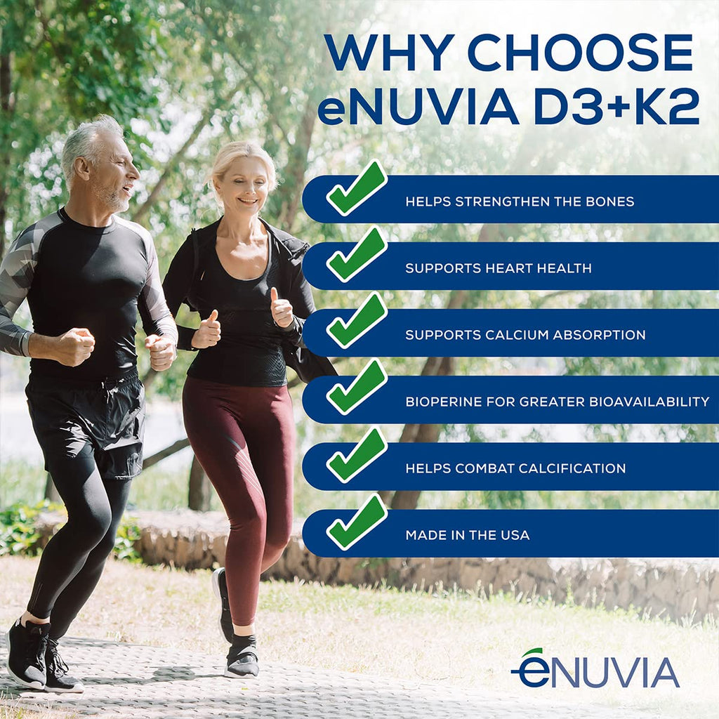Enuvia D3+K2 - Vitamin D3 K2 Supplement for Women and Men - 60 Veggie Capsules - with Bioperine Black Pepper Extract - Supports Maximum Calcium Absorption and Heart and Bone Health - Made in The USA