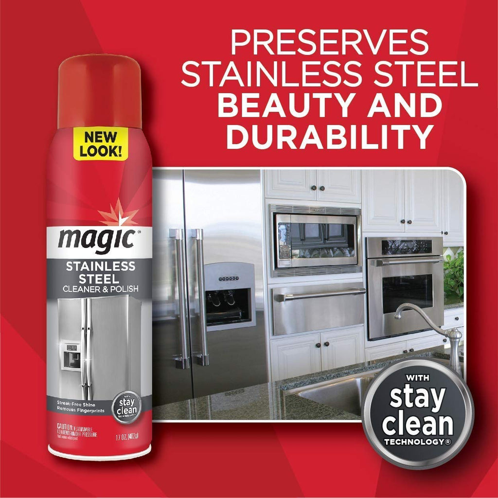 Magic Stainless Steel Cleaner Aerosol - 17 Ounce (2 Pack)- Removes Fingerprints Residue Water Marks and Grease from Appliances - Refrigerator Dishwasher Oven Grill