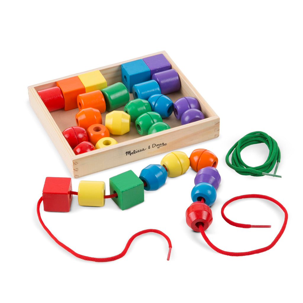 Melissa & Doug Primary Lacing Beads - Educational Toy with 8 Wooden Beads and 2 Laces
