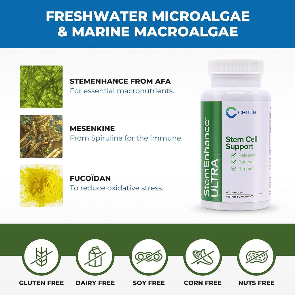 Cerule StemEnhance Ultra 2 Pack –Natural Stem Cell Support Supplement for Cellular Renewal, Immune Function, Energy, and Recovery–Freshwater Microalgae & Marine Macroalgae Extracts– 120 Capsules Total
