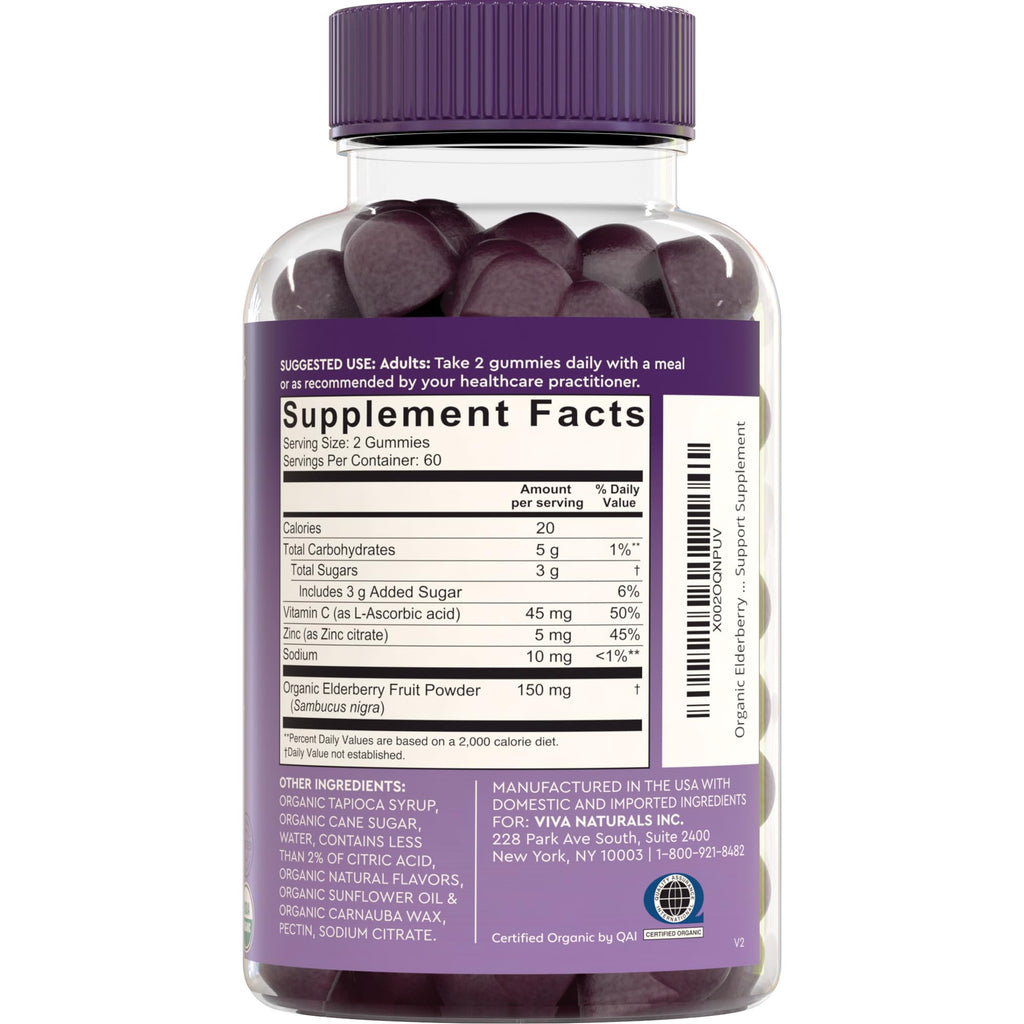 Viva Naturals Organic Sambucus Elderberry Gummies for Adults (120 Count) - 3in1 Black Elderberry Vitamin C and Zinc Immune Support Gummies, Chewable Elderberry Supplements, Zinc Immunity Gummies