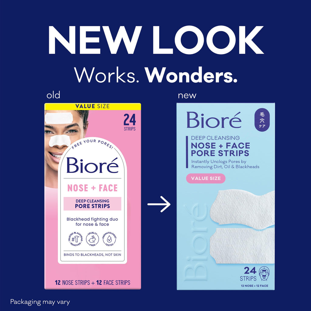 Biore Nose and Face Blackhead Remover Pore Strips, Deep Cleansing with Instant Blackhead Removal and Pore Unclogging, 24 Ct Value Size, Oil-free, Non-Comedogenic Use