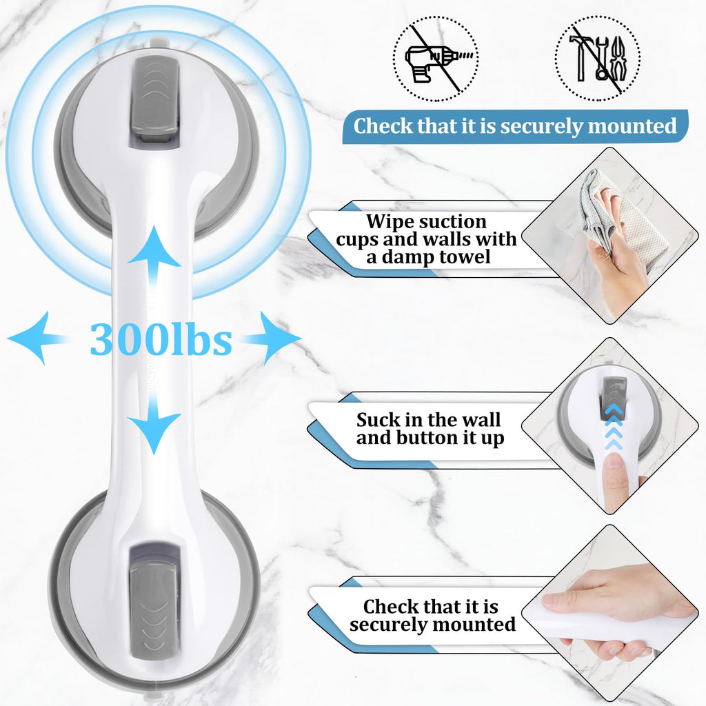 Shower Handle 2 Packs Grab Bars for Bathtubs & Showers, 12 inch Grab Bars for Bathroom with Strong Hold Suction Cup, Balance Bar Safety Hand Rail for Injury, Senior, Elderly Grey