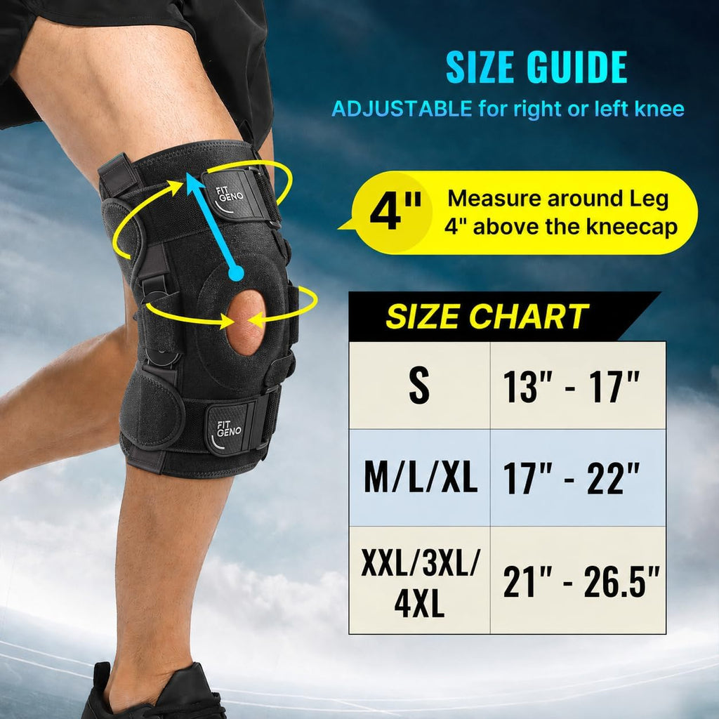 Fit Geno Hinged Knee Brace for Meniscus Tear: Adjustable Support for Knee Pain w/Built-in Side Stabilizers & Removable Metal Hinges for ACL MCL Injury or Surgery Recovery - Men and Women