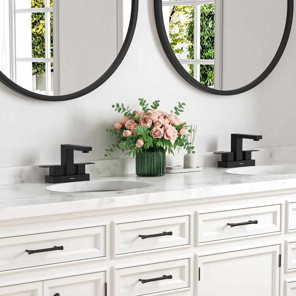 Matte Black Bathroom Sink Faucet, Hurran 4 inch Bathroom Faucets for Sink 3 Hole with Pop-up Drain and Supply Lines, Stainless Steel 2-Handle Faucet for Vanity RV Restroom, 2 Pack