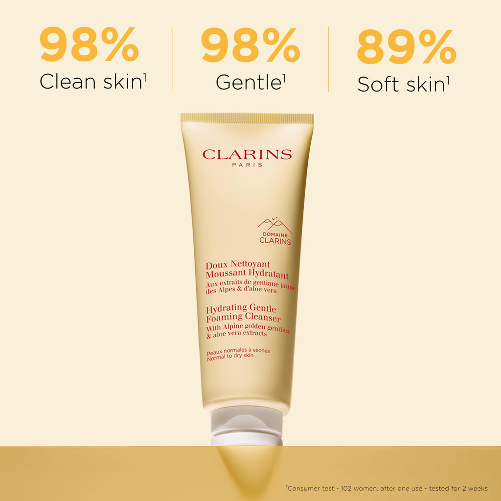 Clarins Hydrating Gentle Foaming Face Cleanser | Cleanses, Soothes, and Softens | Contains Aloe Vera to Boost Hydration | Soap-Free | SLS-Free| Normal To Dry Skin Types | 4.2 Ounces