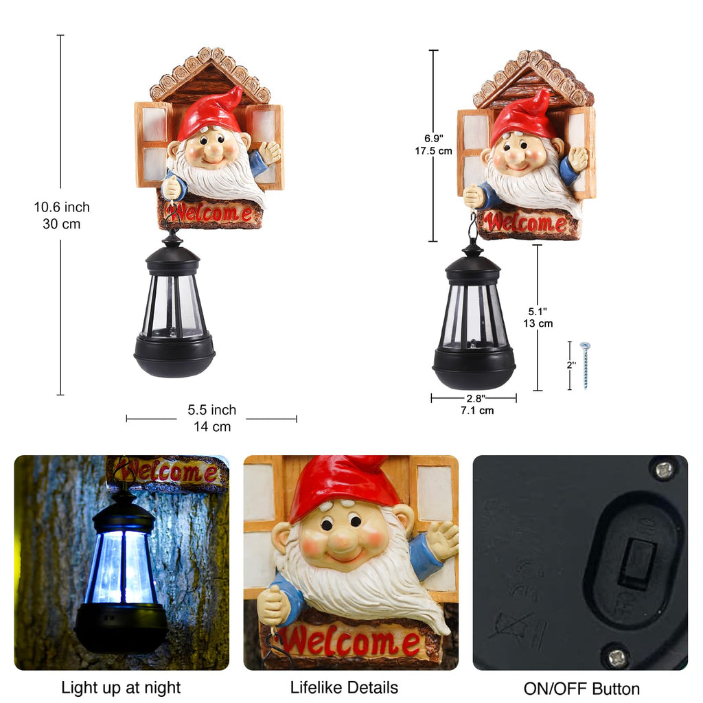 Goodeco Gnome Tree Hugger with Solar Lantern - Garden Gnome for Outside Decor,Tree Face Garden Statue,Gift idea 5.5x10.6 inch