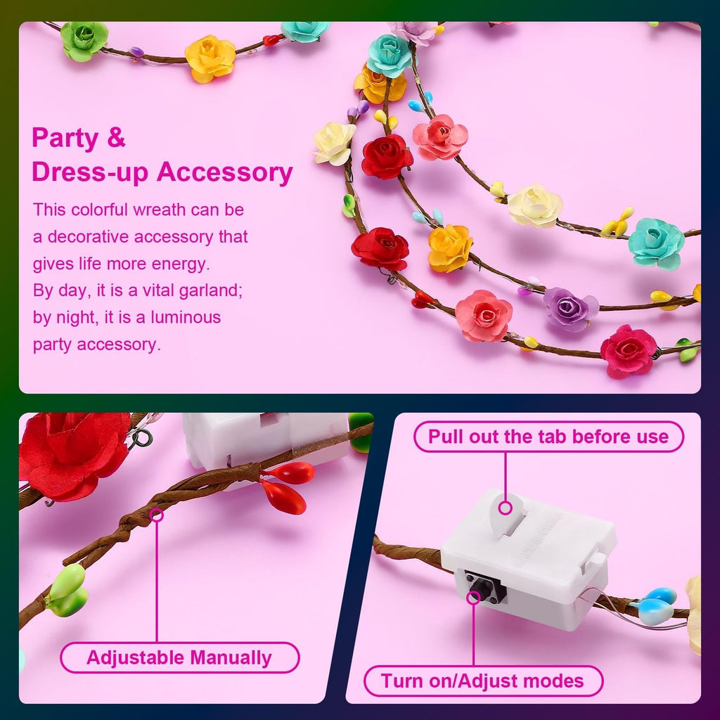 HONLYNE 54 PCS LED Flower Crown Headbands, Light Up Flower Crowns For Women, Glow in the Dark Headband for Wedding Reception Mardi Gras Cosplay Princess Party Favors Birthday Christmas Halloween